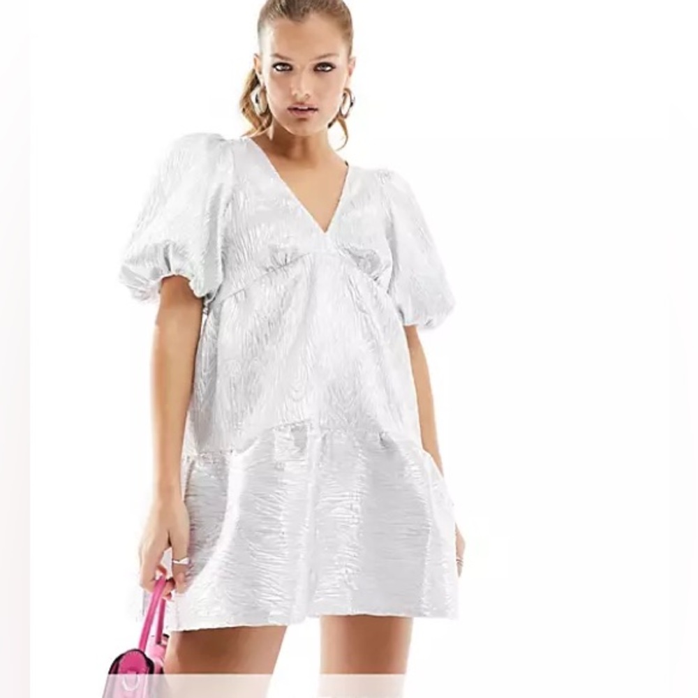 Nobody's Child Petite Vienna jacquard mini dress with puff sleeves in silver